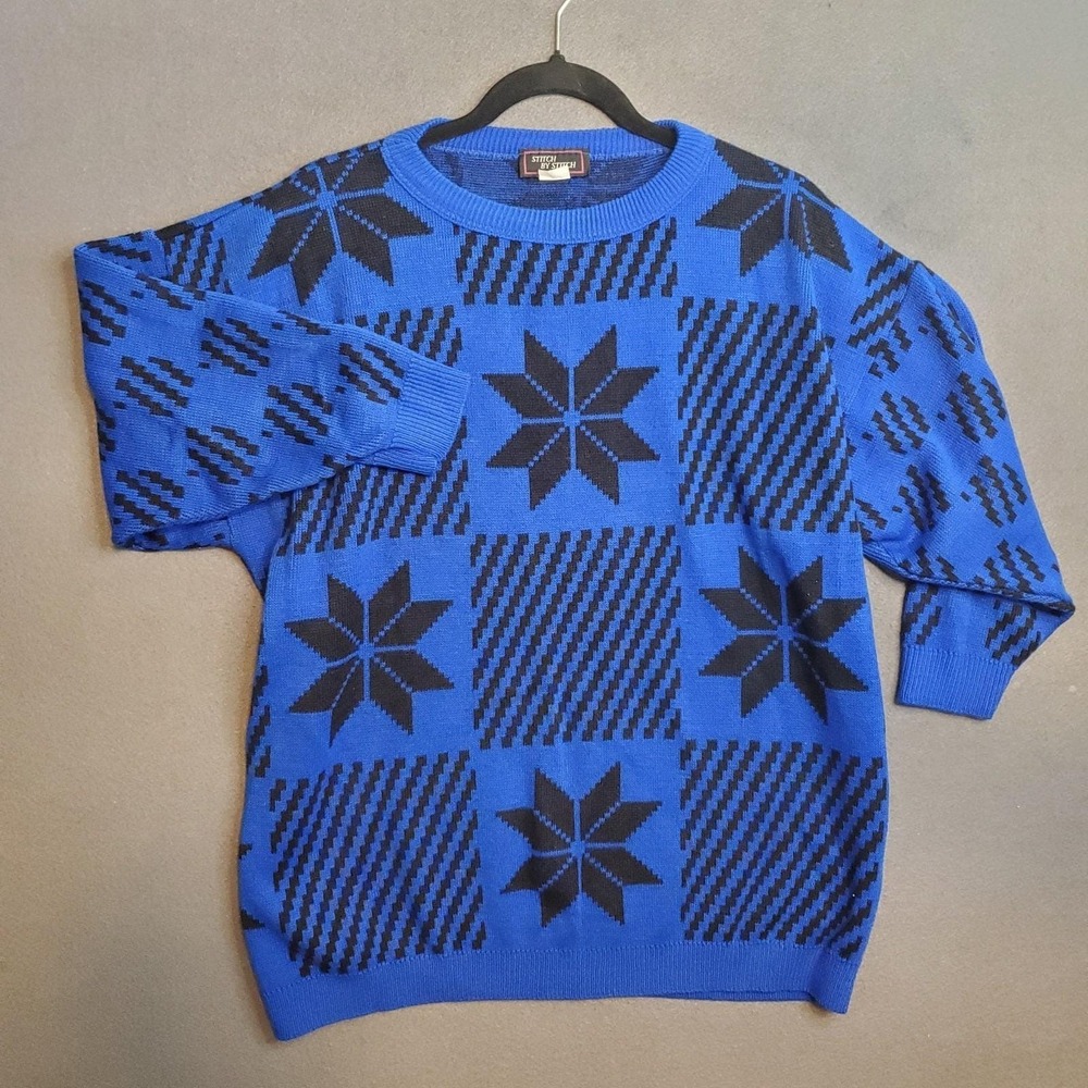 Vintage 80's Stitch By Stitch 2XL Blue/Black Abstract Geometric Sweater‎ EUC